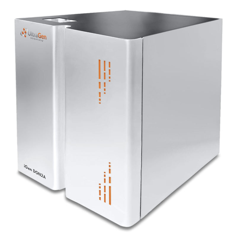 UltraGen Scientific Dual Gas Generator for an analytical lab. Stainless steel cube with iGen DGN2A on the front and the logo.